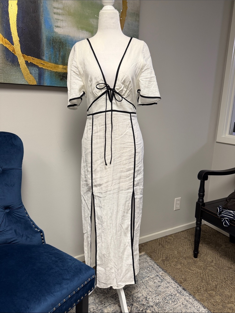 Vix White Dress with Black Trim Tie-Front